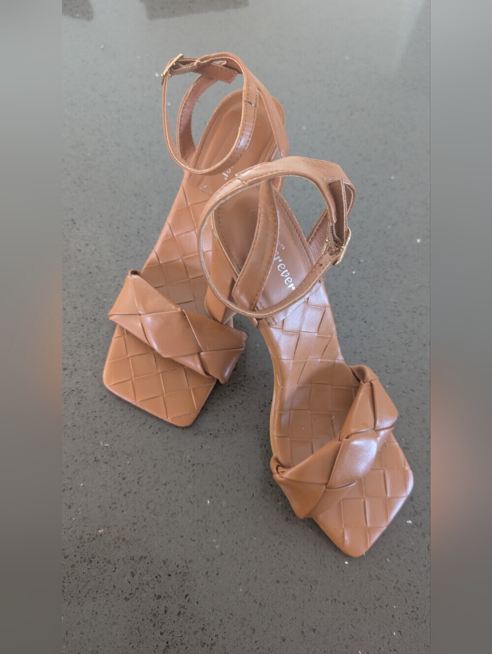Forever 21 Brand Tan Woven Square-Toe Ankle Strap Sandals